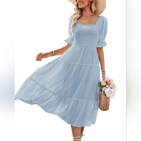 Merokeety Dress Sz‎ L Puff Sleeve Soft Girl Flowy Midi Feminine Pastel Blue NEW - Picture 3 of 15